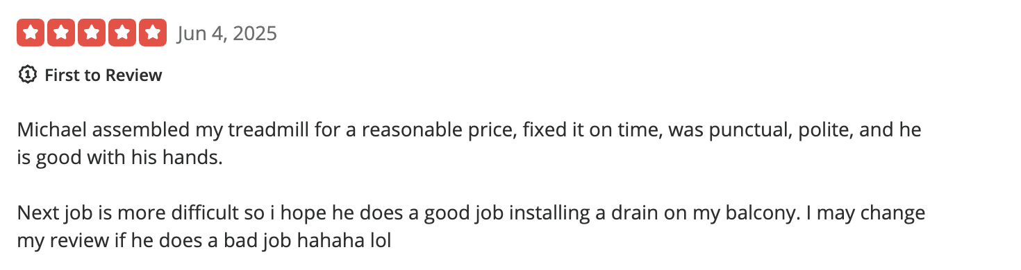 5-star Yelp review for ARMMAX handyman services